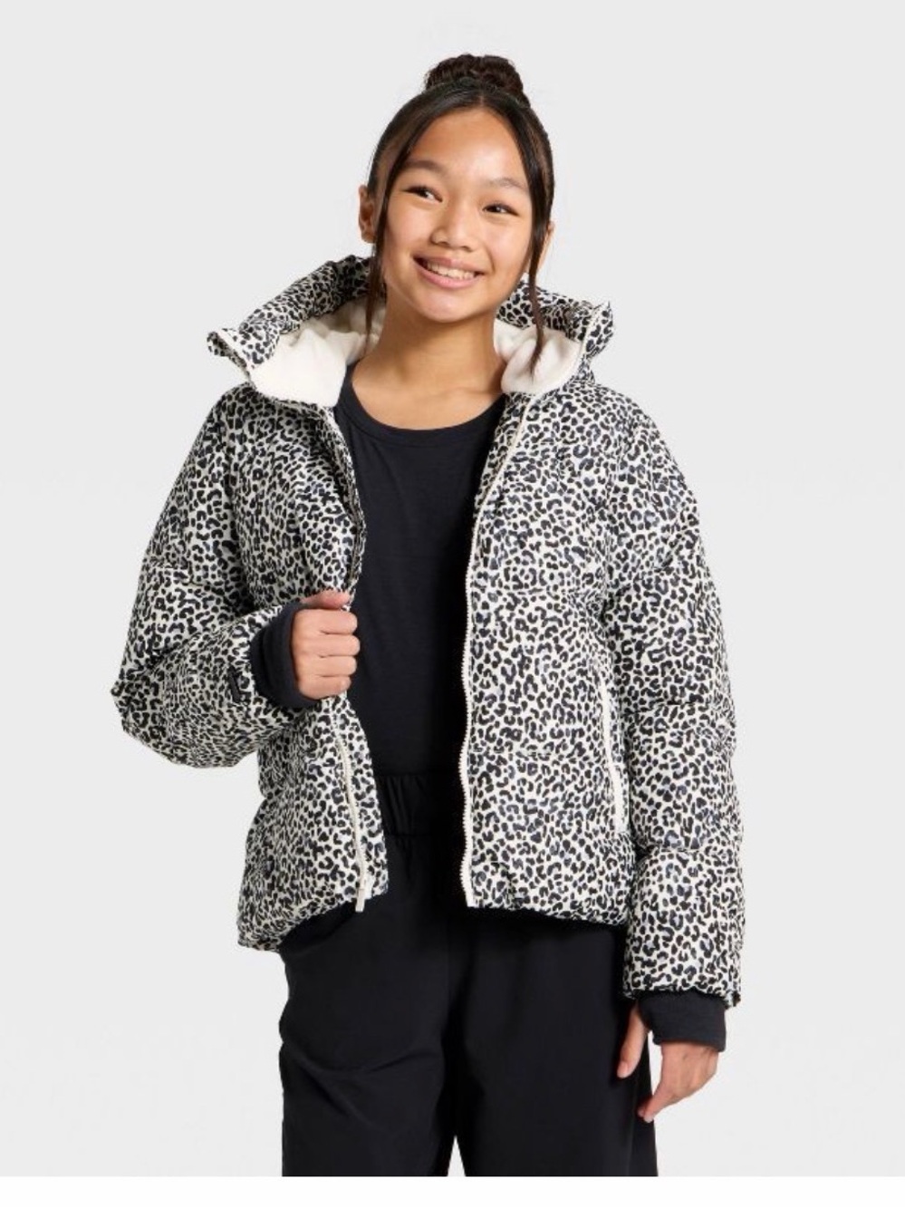 All in Motion Girls' Leopard Print Puffer Jacket - White & Black